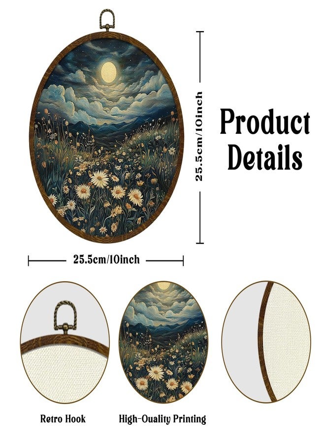KLYTINK Moonlit Daisy Meadow Round Wall Art,10"x10" Romantic Nature Canvas Wall Hanging Decor with Frame, Rustic Night Landscape Wildflower Painting for Bedroom, Living Room, or Gift (FJ01) - Image 2